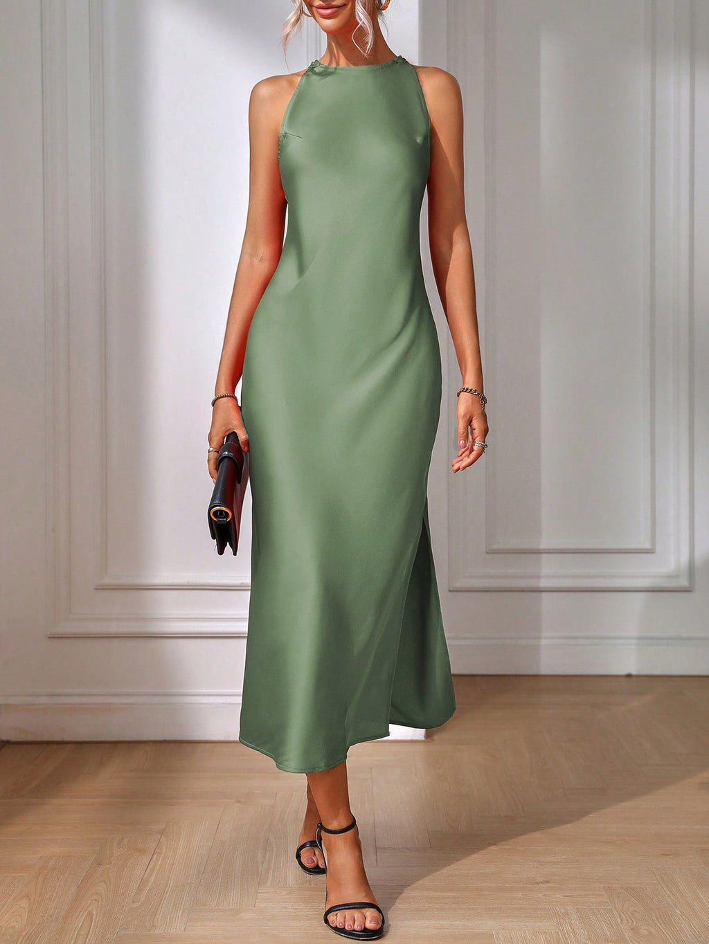 Elegant Sage Green Maxi Dress with Split Thigh - Perfect for Formal Occasions