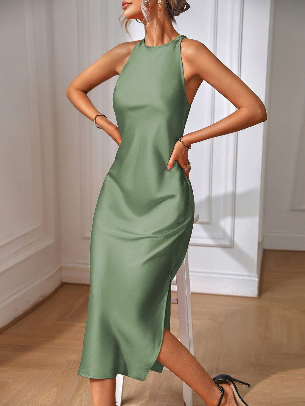 Elegant Sage Green Maxi Dress with Split Thigh - Perfect for Formal Occasions
