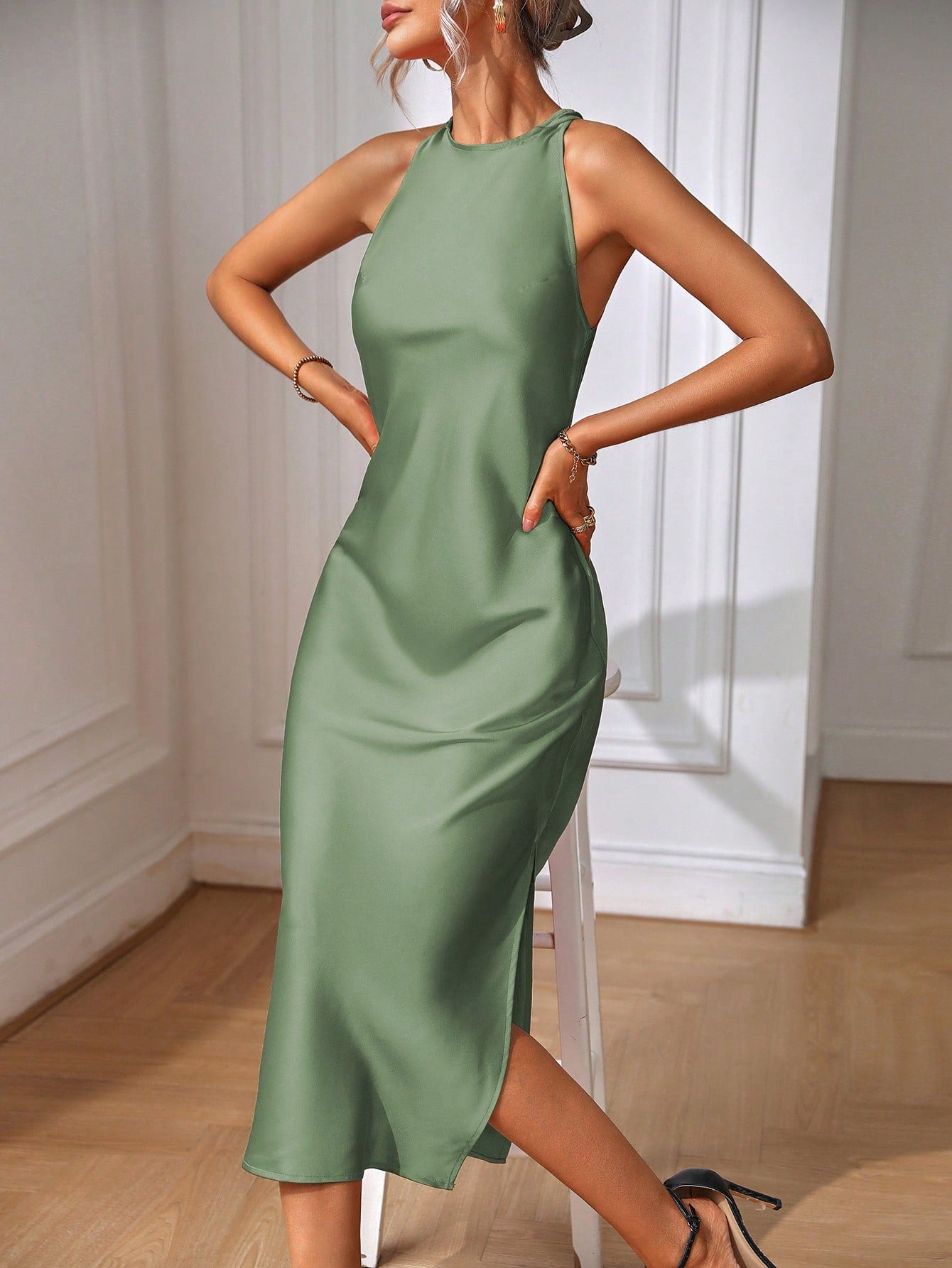 Elegant Sage Green Maxi Dress with Split Thigh - Perfect for Formal Occasions