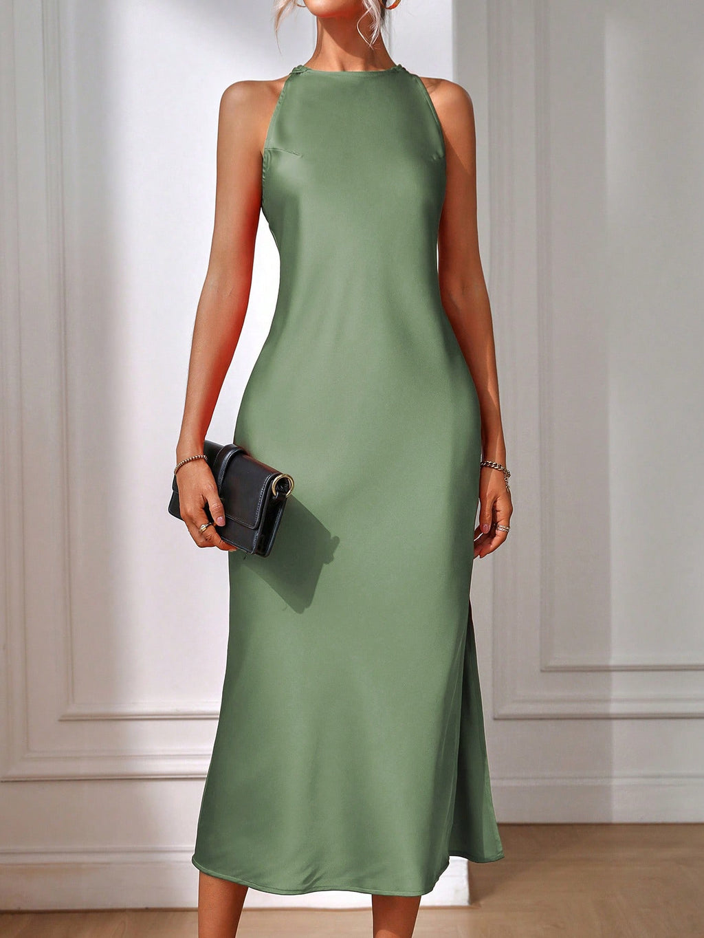 Elegant Sage Green Maxi Dress with Split Thigh - Perfect for Formal Occasions