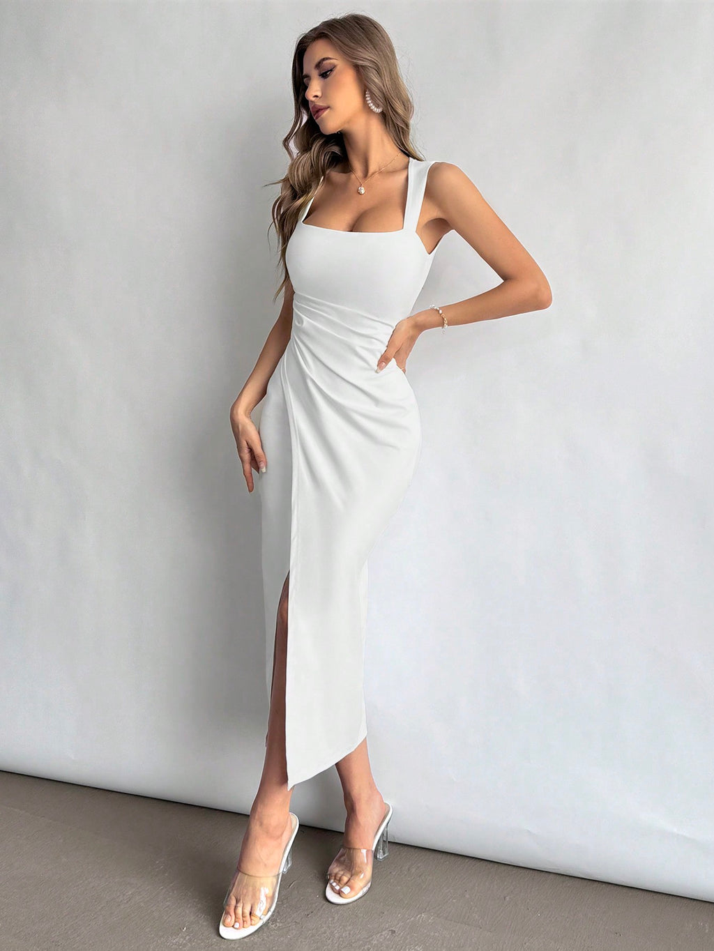 Elevate Your Style with the Firerie Women’s Square Neckline Ruched Waist Slit Dress - Perfect for Vacations, Daily Wear, Weddings, and Summer Celebrations!